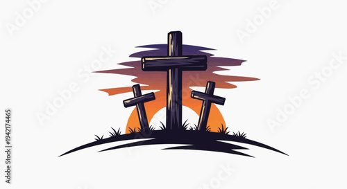 A vector graphic illustration of three crosses at sunset