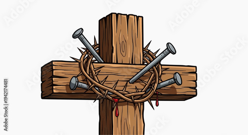 A vector graphic illustration of a crucifix with nails and crown of thorns