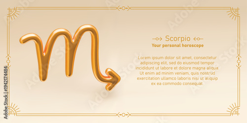 Scorpio horoscope prediction. Monthly astrology forecast. 3D realistic golden zodiac sign, line frame and text about Scorpio. Mystical vector design of yearly horoscope.