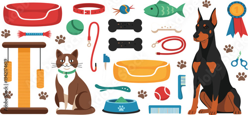 Pet Grooming and Care Vector Collection with Dog Cat Accessories Toys and Supplies