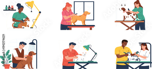 Pet Grooming Salon and Veterinary Care Vector Illustration Set with Dog Bathing Haircut and Cat Treatment