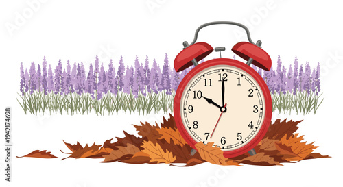 A classic red alarm clock is prominently positioned among a cluster of fallen autumn leaves with a lavender field behind it.