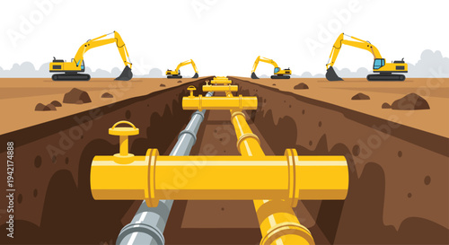 A long open trench in brown earth displays parallel yellow and silver pipes with multiple excavators on the surface.