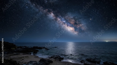 Stunning Milky Way Galaxy Over Ocean at Night with Stars.