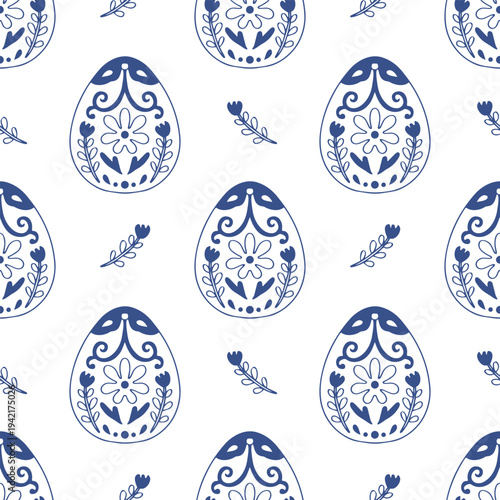 Seamless Easter pattern with folk ornament decorated eggs in blue line art style. Outline vector background. 