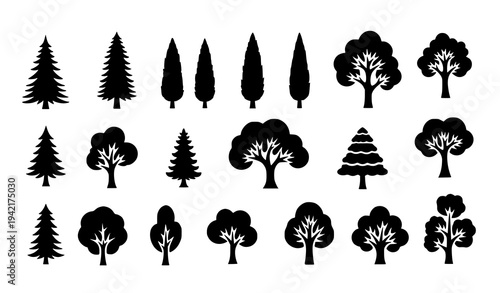 Diverse Forest Tree Silhouette Icons Set Featuring Conifer and Leafy Trees for Nature Maps and Eco Design
