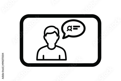 A simple line icon of a faceless person with a speech bubble containing an at symbol on a white background, representing online communication and messaging.