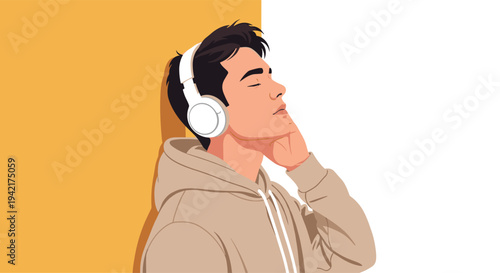 An illustration shows a young man with dark hair wearing white headphones and a beige hoodie, standing in profile with closed eyes against a split yellow and white background.