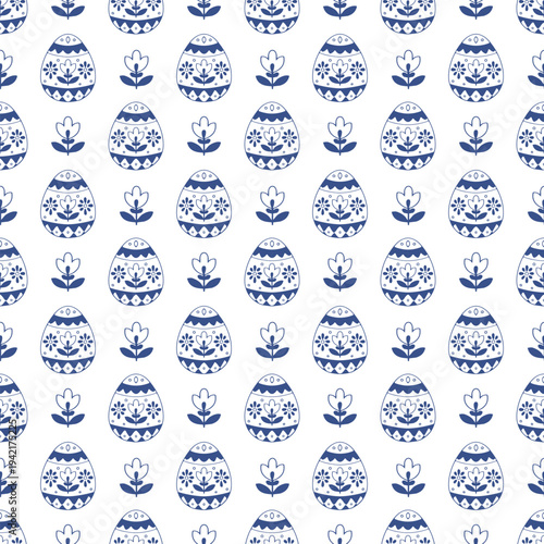 Seamless Nordic folk Easter eggs pattern in blue line art style. Scandinavian vector background