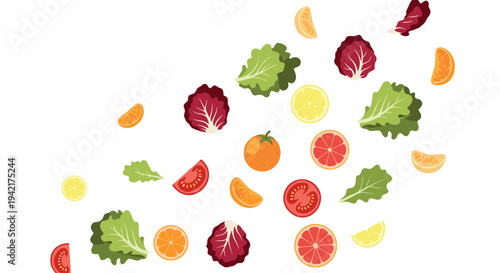 A dynamic illustration shows various fresh salad ingredients, including lettuce, radicchio, tomatoes, and citrus slices, scattered diagonally on a white background.
