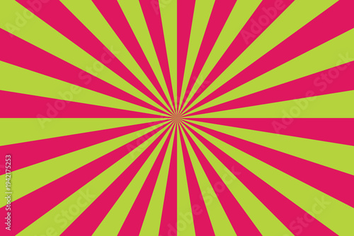 Bold red and green radial pattern with radiating lines creating a strong energetic sunburst presence