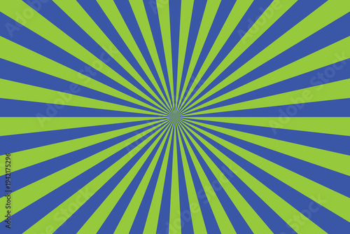Bright green and blue lines radiate from the center creating a dynamic sunburst pattern