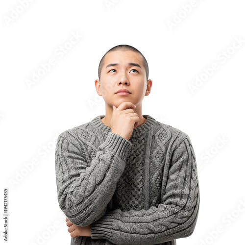 Young Asian male neurodivergent student thinking about creative solutions on transparent background