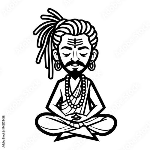 Hindu yogi man with dreadlocks meditating in lotus pose black and white character line art