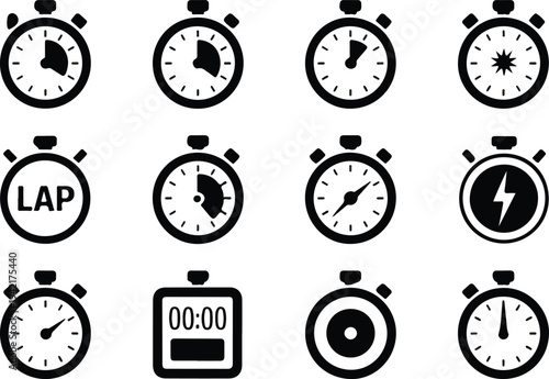 Minimalist black and white stopwatch icon set with twelve variations arranged in grid including digital lap and timer symbols