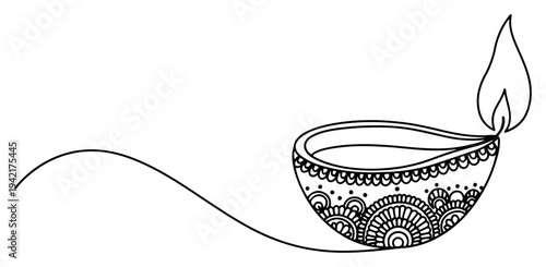 Diya oil lamp with flame and traditional indian patterns black and white vector line art