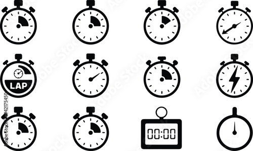 Minimalist black and white stopwatch icon set with twelve variations arranged in grid including digital lap and timer symbols