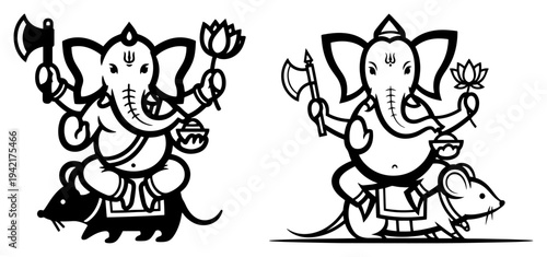 Ganesha hindu god sitting on mount mouse holding axe and lotus flower in line art style