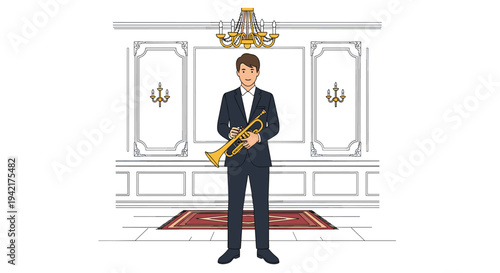 A formally dressed man in a dark suit holds a golden trumpet in a luxurious room with a chandelier and a red rug.
