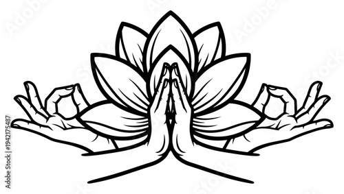 Lotus flower blooming between human hands in meditation mudra gesture in vector line art style