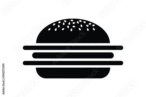 A simple black vector illustration of a hamburger with sesame seeds on a white background, representing a classic American food icon.