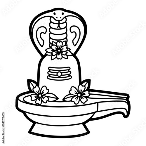 Shiva Lingam with sacred cobra snake and flowers in minimalist line art style