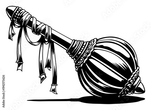 Hanuman Gada mace weapon with ribbons in detailed black and white line art style