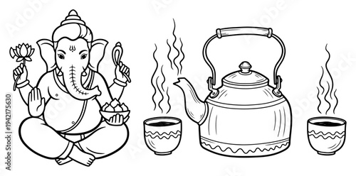 Lord Ganesha sitting next to traditional tea kettle and cups of chai in doodle style
