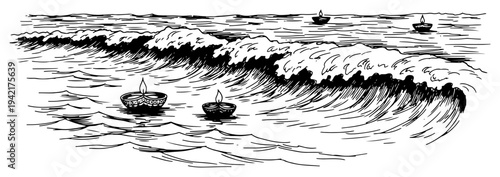 Diya oil lamps floating on ocean waves in black and white hand drawn sketch style