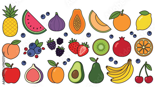 Colorful fruits vector illustration set with fresh summer harvest