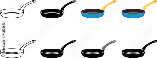 Minimal frying pan icon set with outline silhouette and nonstick pan styles vector illustration collection