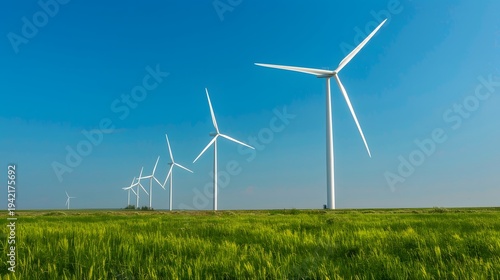 Naklejka 青空の下で回る風力発電タービンと再生可能エネルギー