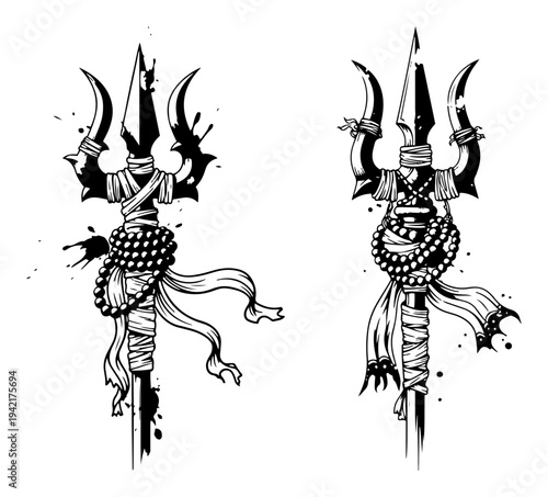 Trishula shiva trident with rudraksha beads and ceremonial fabric in black and white ink style