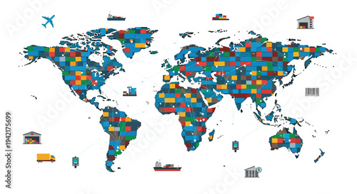 A world map constructed from colorful shipping containers is interconnected by thin lines and surrounded by logistics icons.