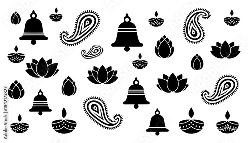 Indian religious symbols pattern with temple bells and lotus flowers in black silhouette style