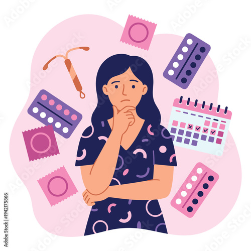 Woman thinking about contraception options surrounding by various methods