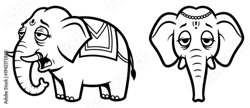 Elephant characters with sleepy expression in black and white cartoon line art style