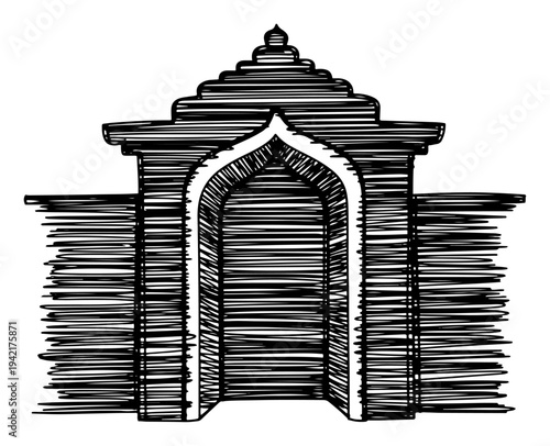 Ancient Indian temple gateway arch in black and white hatching line art style