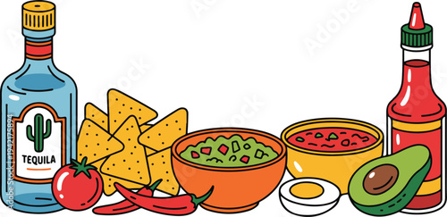 Colorful Mexican food and drink collection with tortilla chips guacamole salsa avocado chili peppers and tequila bottle