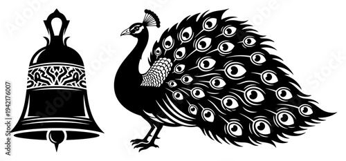 Temple bell and peacock silhouette with decorative details in ethnic graphic style