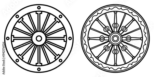 Dharmachakra wheel of dharma symbols representing buddhist and hindu teachings in line art style