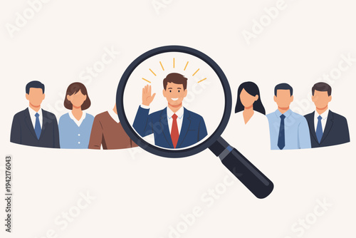 Recruitment Concept with Magnifying Glass Selecting the Best Candidate from a Group of People for a New Job Opportunity, Human Resources Hiring Process, Talent Acquisition and Career Growth