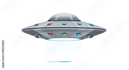 A realistic cartoon illustration shows a classic silver flying saucer hovering with a glowing blue light beam.