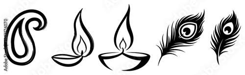 Paisley ornaments diya lamps and peacock feathers in hand drawn brush stroke style