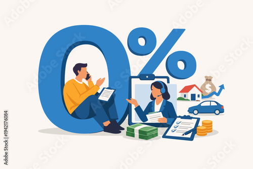 Vector Illustration of Man Sitting in 0 Percent Sign Applying for Interest Free Loan via Phone with Support Agent, Featuring House, Car, and Money Icons for Mortgage and Finance Concept