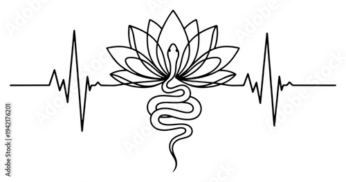 Lotus flower with coiled snake and heartbeat line in minimalist black and white line art
