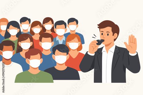 Whistleblower Man Blowing a Whistle and Making a Stop Gesture in Front of a Crowd of People Wearing Protective Face Masks for Public Safety, Health Awareness, and Pandemic Prevention Illustration