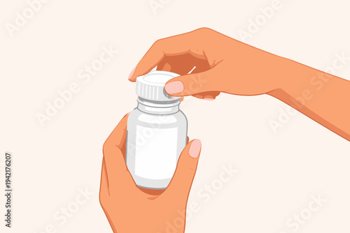 Flat Vector Illustration of Female Hands Opening a White Plastic Pill Bottle or Medicine Container. Concept for Healthcare, Pharmacy, Vitamin Supplements, Medical Treatment, and Daily Routine.