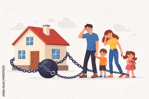 Stressed Family Chained to Their House with a Heavy Weight Symbolizing Mortgage Debt, Financial Burden, and the Housing Crisis Impacting Parents and Children in a Flat Vector Illustration Style.