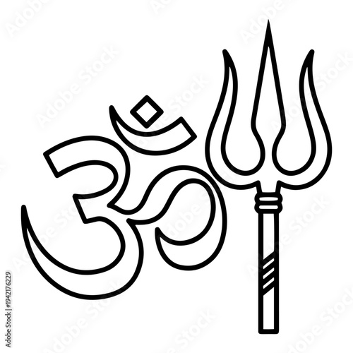 Om symbol and Trishula trident icons in clean black and white line art